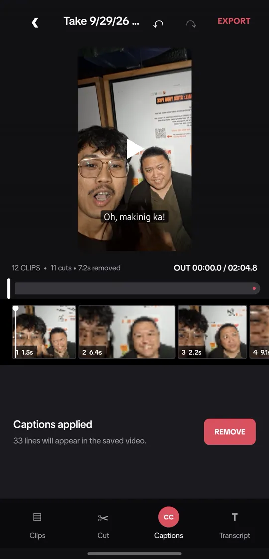 The editor after captions are applied: 33 caption lines will appear in the saved video