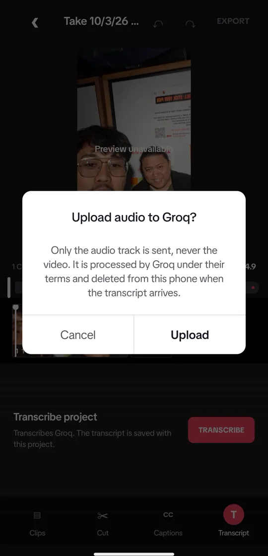 The upload prompt: only the audio track is sent, never the video, and it is deleted from the phone when the transcript arrives