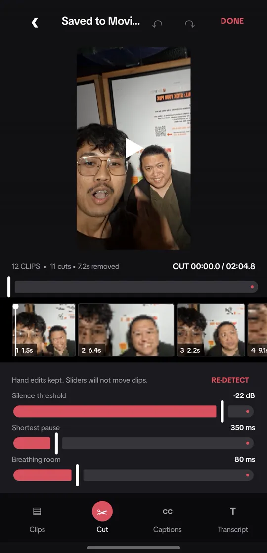 The cut sheet: 12 clips, 11 cuts, 7.2 seconds removed, with sliders for silence threshold, shortest pause and breathing room